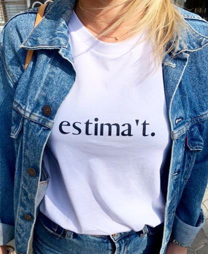 Samarreta estima't blanca unisex. 100% cotó orgànic. Botiga online Catalan words. Productes en català.